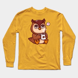 Cute Owl Drinking Coffee Cartoon Long Sleeve T-Shirt